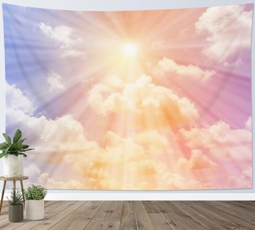 LB Wandteppich Orangefarbene Sonne Wandtuch Wolke am rosa und lila Himmel Wandbehang Naturlandschaft Tapisserie für Wohnzimmer Schlafzimmer Wohnheim Wanddeko,235x180cm