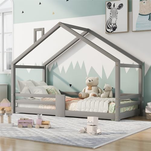VRYGLEN Kinderbett 90x200, Hausbett mit Schornstein, Bodenbett mit Rausfallschutz, Robuste Lattenroste Kiefernholz Kinder Bett(Grau)
