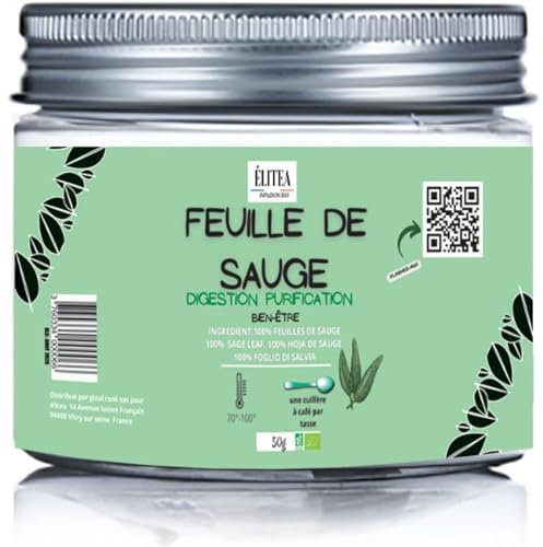 ELITEA Infusion Feuille de Sauge BIO Salvia Biologique En vrac de Qualité Supérieure Naturel et Sans Additifs Digestion Tisane Officinale Feuilles séchées Coupées ou non Pur 100 g The Sans Aromes Pur