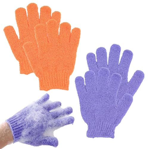 2 Paires De Gants Exfoliants, Gants De Bain Exfoliants, Gants Exfoliant Corps, Gants De Bain à Cinq Doigts Pour Hommes, Femmes, Enfants Pour Exfoliation/Douche/Baignoire/Spa/Massage (Violet + Orange)