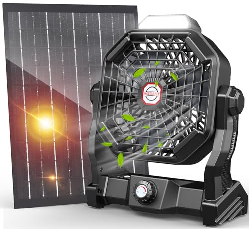 Ventilador solar de 10400 mAh, ventilador de camping con panel solar, ventilador de batería recargable de 7 W de 9 pulgadas para exterior, linterna LED, velocidad continua y silencioso ventilador