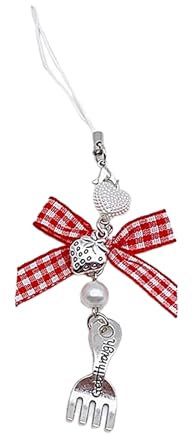 Itkcozcg Modeschmuck, handgefertigter Erdbeer-Anhänger, exquisite Schleife, Handykette, Katzen-Handy-Riemen, Schlüsselband, Rucksack, Charm-Schmuck, Kleine Gabel, 14cm