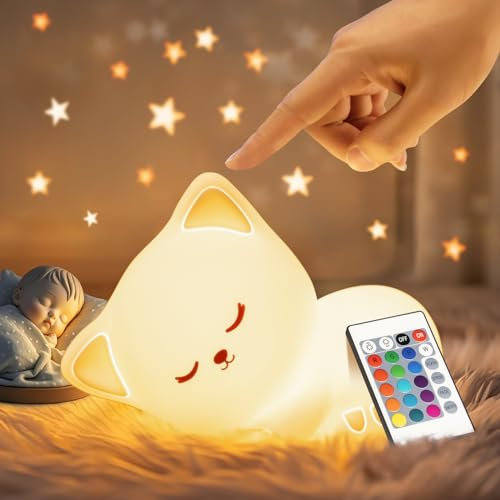 Nachtlicht Kinder Nachtlicht Baby Spielzeug Katze, 16 Farben+Fernsteuerung+USB Aufladbar Stilllicht Dimmbar Nachttischlampe Kinder, Katze Spielzeug Kinder Kawaii Deko,Cute Nachtlampe Kinderzimmer Deko