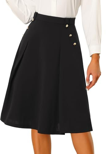 Allegra K Damen Hoher Taille Knöpfe Vintage Plissee Ausgestellt Midirock Rock Schwarz 3XL
