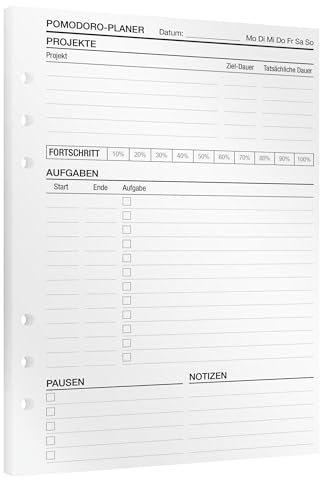 KOMPASS® Pomodoro-Planer | 30 DIN-A5-Einlagen für Ringbuchplaner | Pomodoro-Tagesplaner zur Steigerung der Produktivität | Mehr Fokus & besseres Zeitmanagement | Journaling | Planer-Kalender-Einlagen