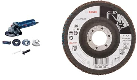 Bosch Professional Winkelschleifer GWS 9-115 S (inkl. Zusatzhandgriff, Schutzhaube, Schraubenschlüssel, Handwerkoffer) + Fächerschleifscheibe X581 Best for Inox 115mm Korn 40