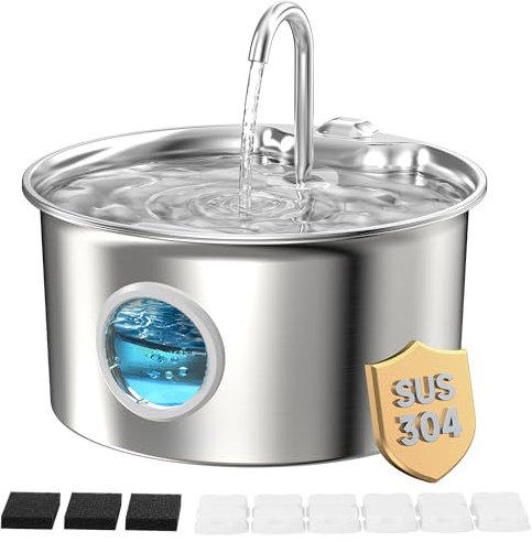 Fontaine Eau Chat INOX: Fontaine Chat Acier Inoxydable Automatique - 2,6L Silencieuse Distributeur d'eau Électrique avec Robinet pour Petit Chien - Filtre Multicouche avec 6 Filtres + 3 Éponges