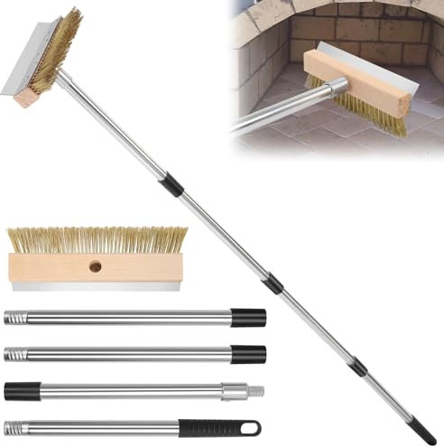 Pizzaofen Bürste, Pizzastein Bürste mit Stahlschaber, Reinigung Pizzaofen,Holzbackofen, Räucherofen, Drahtbürste mit Messingborsten Gewellt