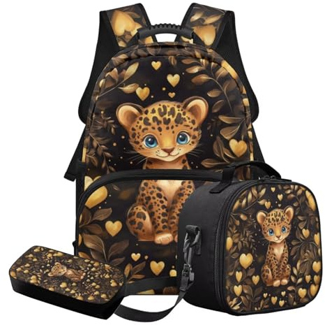 STUOARTE Juego de mochila escolar de 3 piezas con estuche para lápices y fiambrera, juego ligero de mochila escolar para niños, adolescentes y niñas, Amarillo y negro - Corazón de leopardo, Juego de