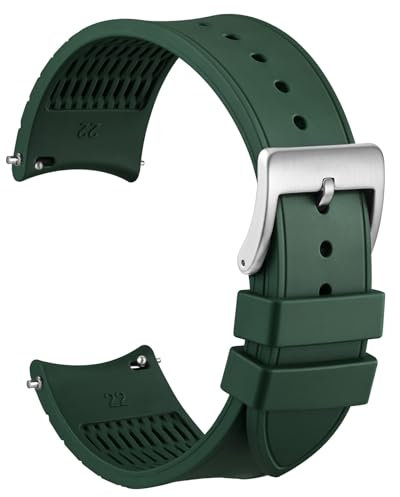WOCCI 22mm Cinturino Orologio, Estremità Curva, Silicone con Tocco Setoso, Fibbia Argento (Verde)