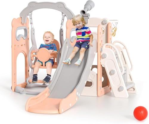 Kinderrutsche, große Kleinkind Rutsche mit Basketballkorb,Klettergerüst für den Garten, Teleskop, Stauraum ((Sechs-in-eins-Spielzeug Naughty Bear Beige Pink))