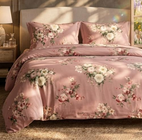 Set Letto Matrimoniale 4 Pezzi BOSALONI HOME 220x230 – Copripiumino con Lenzuolo e 2 Federe – Microfibra Morbida, Elegante e Facile da Lavare (Bouquet Vinaccia Rosè)