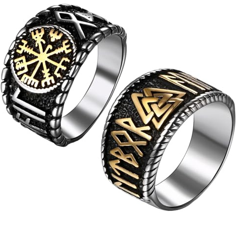 Flongo Wikinger Ringe für Herren – 2 Stück Nordische Runenringe aus Edelstahl  mit Valknut und Vegvísir Symbolen, Paganischer Glaubensschmuck im Vintage Stil, Nordisches Geschenk für Männer