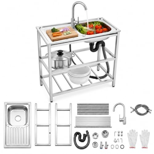 LENJKYYO Évier de cuisine en acier inoxydable avec meuble bas et plan de travail, évier extérieur 1 bac, lavabo autoportant avec robinet eau chaude et froide, meuble évier pour extérieur, cuisine
