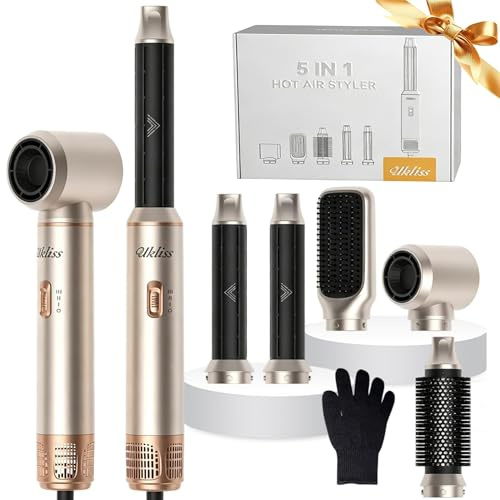 UKLISS 5 in 1 Hairstyler - Airstyler Hair Styler Set 1000w Haarstyler | Rundföhnbürste zum Trocknen und Stylen mit Air Curler, Föhnbürste, Warmluftbürste, Haartrockner, Glättbürste - Silber Gold