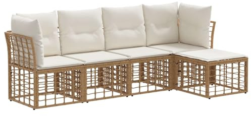 vidaXL Outdoor-Sofagarnitur Natur Polyester, Moderne Garten-Sofa-Ecke, wetterfest aus Poly-Rattan, mit verstellbaren Füßen, Möbel für die Terrasse