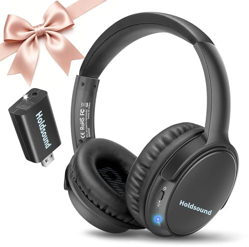 Holdsound TV Headphones Wireless for Seniors,Plug and Play & No Audio Delay | With Bluetooth USB Transmitter, Supports Optical, RCA, AUX & USB, High Volume Output, Up to 50m, 40H Playtime,One-Click Reset