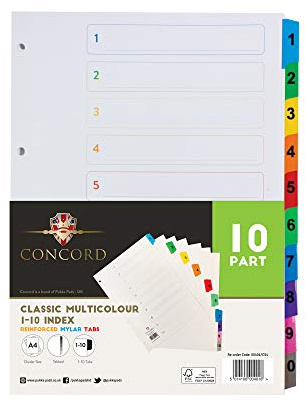 Pukka Pad Concord 10 Part A4 Mylar Dividers - 1 Pack of 10 Tab Set, 4-Hole Punch Compatibility, Numbers 1-10