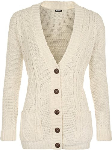 WearAll Womens Cable Knitted Button Cardigan Long Sleeve Ladies Boyfriend Top - Cream - 12/14