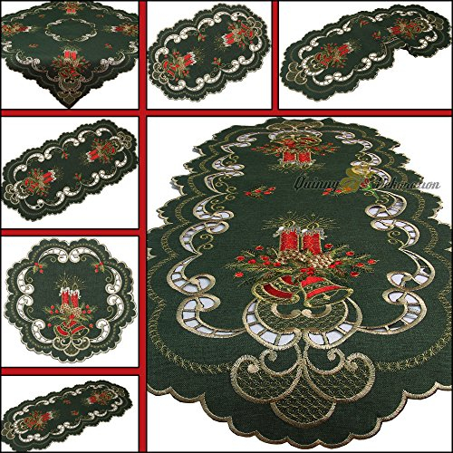 Dunkel-Grün Weihnachten Tisch-Deckchen Tischdecke Leinen-Optik mit Rot Kerzen Stickerei (ca. 30 cm Rund)