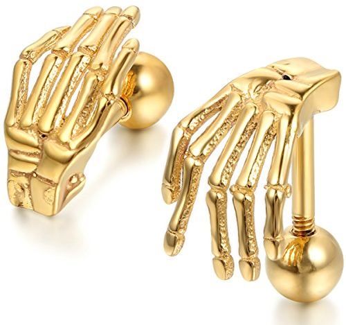 JewelryWe Knorpel Ohrstecker Skelett Hand: Herren Tragus Ohrringe Edelstahl Gotik Totenkopf Knochen Hand Helix Conch Ohr Piercings Knorpelpiercing Gold
