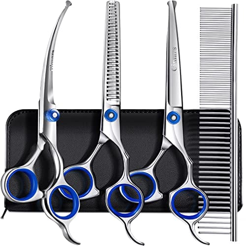 Gimars Professionelle 5-in-1 Fellschere für Hunde, 4CR mit runder Sicherheitsspitze, robuste Titanbeschichtung, gerade und Effilier- und gebogene Schere
