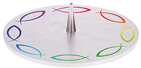FRITZ COX Kerzenhalter REGENBOGENFISCHKREIS | ♫ Regenbogenfarben | Edelstahlteller mit Spitze | für Geburtstagskerze, Taufkerze, Kommunionkerze | 12cm
