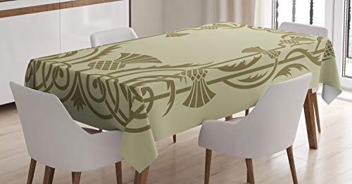 ABAKUHAUS Jugendstil Tischdecke, Botanischer Exotic, Für den Inn und Outdoor Bereich geeignet Waschbar Druck Klar Kein Verblassen, 140 x 170 cm, Weises Grün Sepia