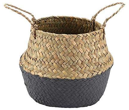 Natural Seagrass Basket, Foldable Woven Clothes Belly Basket Flower Plant Pot Storage Organizer with Handles(Black)
