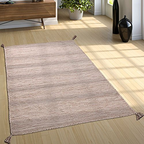 Paco Home Wohnzimmer Natur Teppich m. Fransen, Moderner Handgewebter Kelim, 100% Baumwolle, Grösse:80x150 cm, Farbe:Beige
