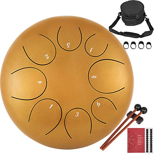 HuSuper Percussion Instrument 8 Tones 10 Zoll Tongue Drum Golden Steel Tongue Drum Handpan Drum mit Schlagzeug, Tragetasche, Note Sticks für Meditation, Yoga, Klangheilung