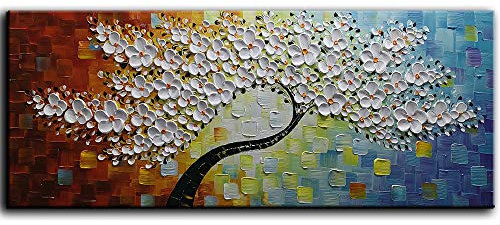 YaSheng Art -100% Hand Painted Contemporary Art 3D Whit Flowers Oil Painting On Canvas Texture Palette Knife Tree Paintings Modern Home living room Decor Art Large Abstract Canvas Art 24x60inch