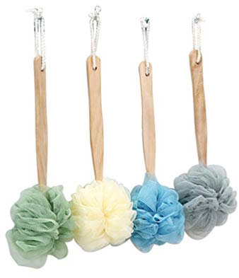 4Pcs Maille Éponge de Boule de Moelleuse avec Manche en Bois Épurateur de Bain Corps Dos Brosses Exfoliantes pour Femmes Hommes