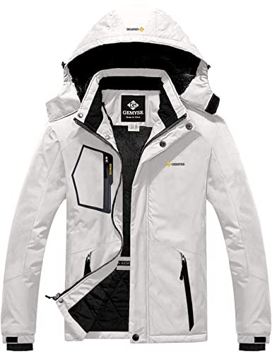 GEMYSE Herren wasserdichte Skijacke Winddichte Fleece Outdoor-Winterjacke mit Kapuze (Weiß 02,2XL)