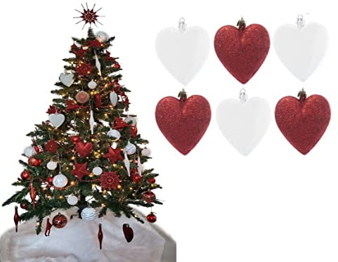 Simply Products 6 Herzkugeln - toller Christbaumschmuck - Glitzer Herz Kugeln (Rot & Weiß Glitzer)