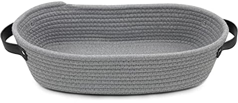 TENQUAN Cotton Rope Basket Leather Handle Woven Shelf Basket for Cabinet Shelves, Decorative Home Storage Box for Bedroom Bathroom(Gray)