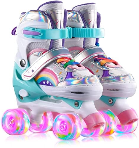 Sumeber Verstellbar Rollschuhe für Kinder,mit Leuchtenden Rädern Roller Skates Bequem und atmungsaktiv Quad Skates für Mädchen Rosa (Rouge, S(30-34))