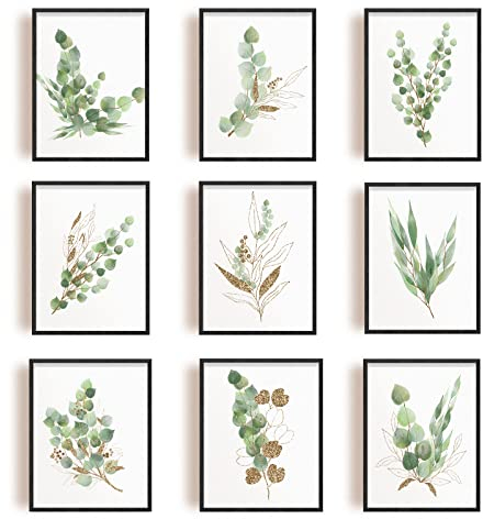 SUPERDANT 9 pz/Set Stampe su Tela Pianta di Eucalipto Tela Arte Pittura Verde Decorativa Wall Art Immagini per La Decorazione Della Parete Dell'Ufficio 25x20 cm (Senza Cornice)