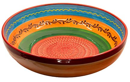 Kaladia - Reibeschüssel/Keramikhobel - ideal zum Gewürze reiben und Servieren von Gerichten - Motiv: Rot/Orange/Grün - Durchmesser: 27 cm - handgemacht & handbemalt - Made in Spain