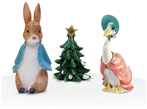Anniversary House Beatrix Potter Peter Rabbit & Jemima Puddle Duck Christmas Cake Topper Set - 3 Hand-Painted Resin Figurines with Tree - Reusable Festive Toppers Decorations for Cakes & Yule Logs