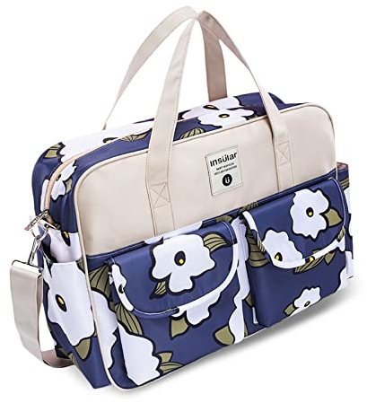 SONARIN Grosse Kapazität Baby Wickeltasche,Multifunktionale Wasserdicht Reise Wickeltasche Umhängetasche Tragetasche Henkeltaschen Babytasche mit Schultergurte & Wickelunterlage(Blau Weiße Blüten)