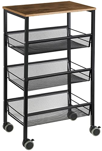 YBING 4-Tier Rack Trolley with Wooden Top Plate, Kitchen Storage Wagon, Multi-Purpose Rolling Cart with Casters W‘44 x D’29 x H‘76.5 cm Easy to Assemble for Kitchen Bathroom Livingroom