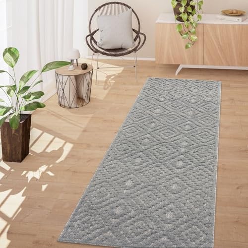 TT Home In-& Outdoor Teppich Wetterfest Balkon Küche Wohnzimmer Boho Skandi Design, Farbe: Grau 2, Größe:80x250 cm