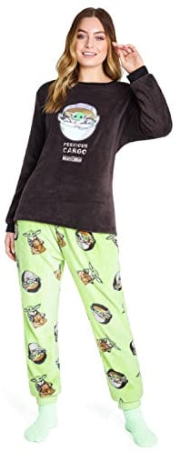Disney Pigiama Donna Invernale in Pile con Calze Stitch Topolino Minnie Baby Yoda (Verde Mandalorian, S)