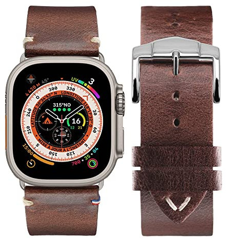 Eternel - Cinturino Vintage Logan marrone compatibile con Apple Watch 44/45/46/49 mm adattatori Ultra (titanio) - Realizzato a mano in Francia con pelle pieno fiore - Compatibile tutti Apple Watch