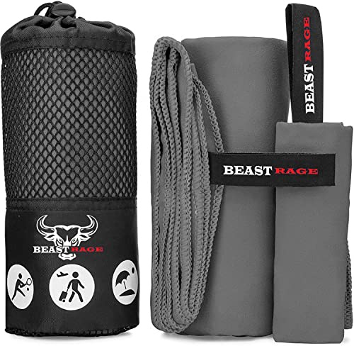 BEAST RAGE® Microfibre Towel Gym Beach Towel Fast Drying Super Absorbent Lightweight Gym accessories for Men Women Swimming Hair Towel Travel Camping Yoga Sports (50 x 30 cm, Grey)