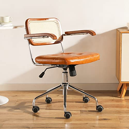 NCLOYN Modern Home Office Chair,PU Leather Upholstered Desk Chair Adjustable Swivel Computer Chair with Rattan Mid-back Support,Ergonomic Study Chair Retro Armchair(45x46x54cm(18x18x21inch), Yellow)
