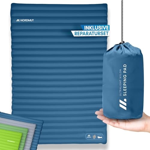 NORDMUT® Isomatte Selbstaufblasend 2 Personen - Outdoor Matratze 10cm Ultra komfortabel - Luftmatratze Selbstaufblasend für kinderleichtes aufpumpen - Wetterbeständige Camping Matratze (Blau)