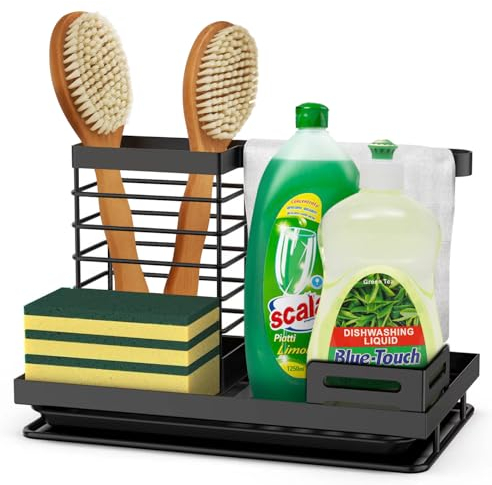 Spülbecken Organizer Schwarz mit Abflusspfanne, Spülorganizer Spülbecken Caddy Organizer Edelstahl Utensilien Korb Spülcaddy mit Behälter Abtropfgestell Geschirr Spüle organizer für Küche & Badezimmer
