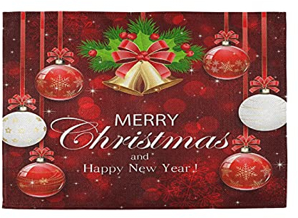 Tischsets Set mit 6 Weihnachtskugeln, Glocke, Schneeflocken, Tischsets, rechteckig, rutschfest, hitzebeständig, Jute, Tischsets für Küche, Hochzeit, Restaurants, Weihnachtsfeier